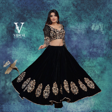 Rina Extravagant Black Heavy Viscose Velvet Embroidered Sequined Lehenga