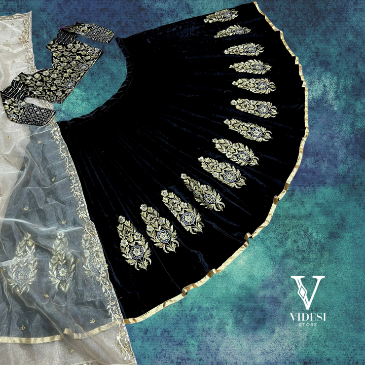 Rina Extravagant Black Heavy Viscose Velvet Embroidered Sequined Lehenga