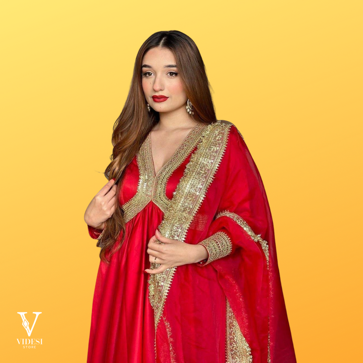 Rosalie Classic Red Taffeta Silk Anarkali Gown with Dupatta
