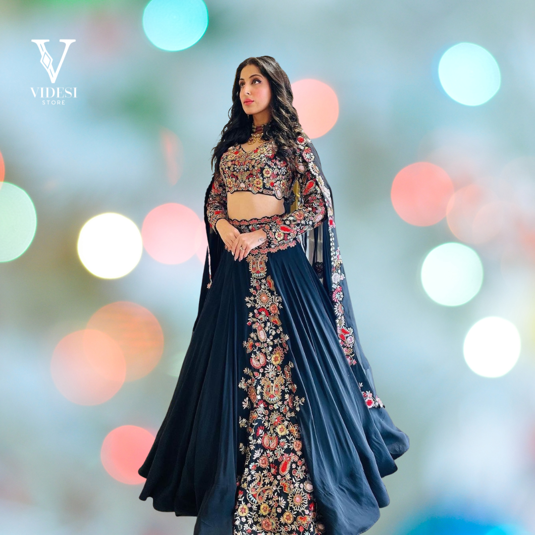 Leilani Dashing Dark Blue Viscose Velvet Heavy Embroidered Lehenga