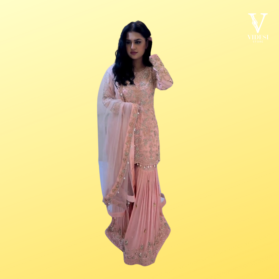 Sabel Flush Pink Embroidered Sequined Faux Georgette Suit