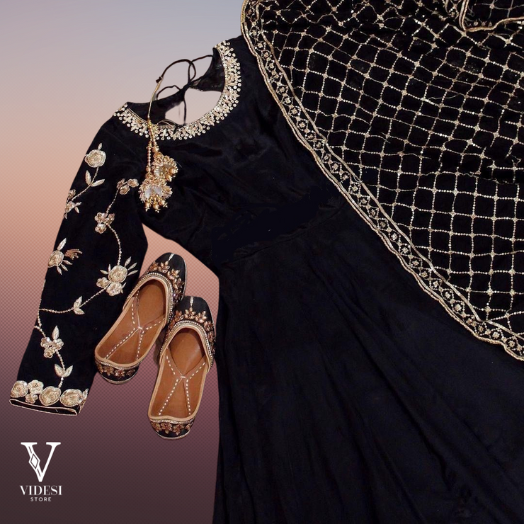 Sammie Classic Black Embroidered Sequined Velvet Gown with Faux Georgette Dupatta
