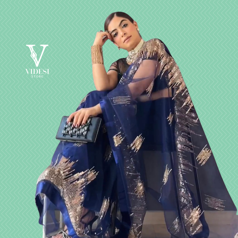 Siya Smooth Navy Blue Soft Net Lace Bordered Sequined Saree