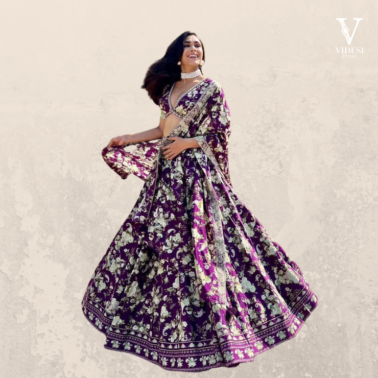Skylar Splendid Violet Printed DullSatin Lehenga with Embroidered Dupatta