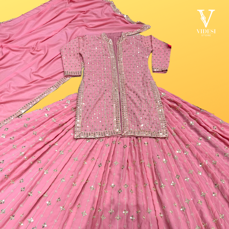 Stella Flush Pink Full Sleeve Faux Georgette with Heavy Embroidered Sequined Lehenga