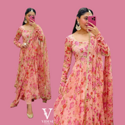 Tania Flush Pink Flare Sleeves Georgette Fabric Maxi Dress