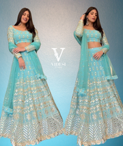 Jasmine Chic Blue Green Embroidered Sequins Georgette Fabric Lehenga Active