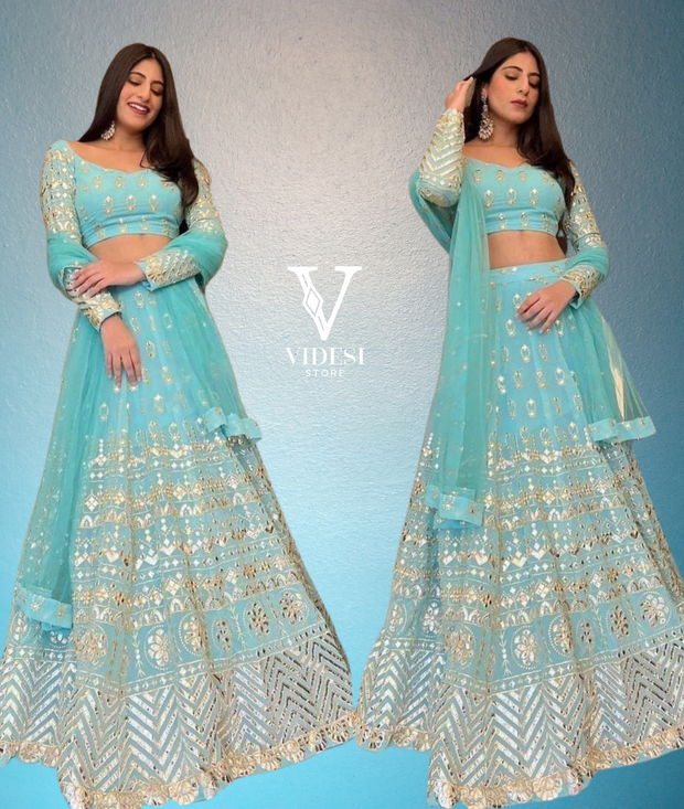 Jasmine Chic Blue Green Embroidered Sequins Georgette Fabric Lehenga Active