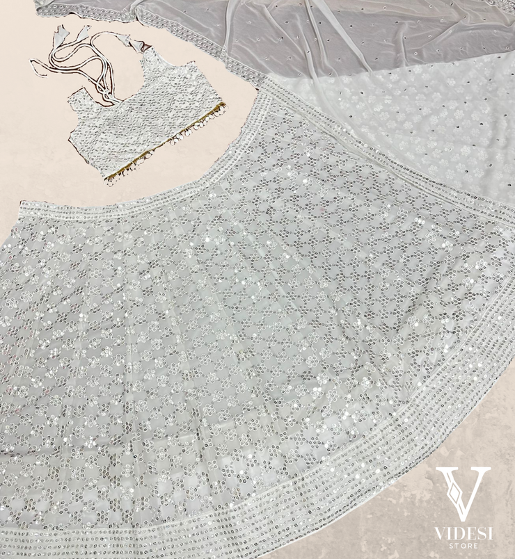 Prisha Fancy White Embroidered Sequins Kodi Lace Georgette Lehenga