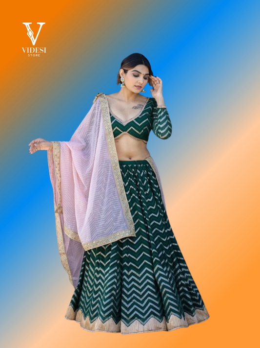 Veena Glamorous Green Embroidered Sequined with Soft Net Dupatta Lehenga