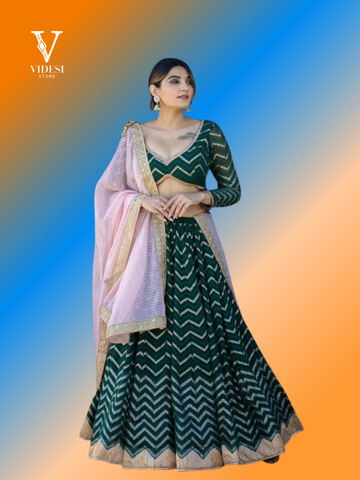 Veena Glamorous Green Embroidered Sequined Lehenga With Soft Net Dupatta