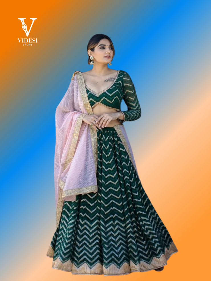 Veena Glamorous Green Embroidered Sequined with Soft Net Dupatta Lehenga
