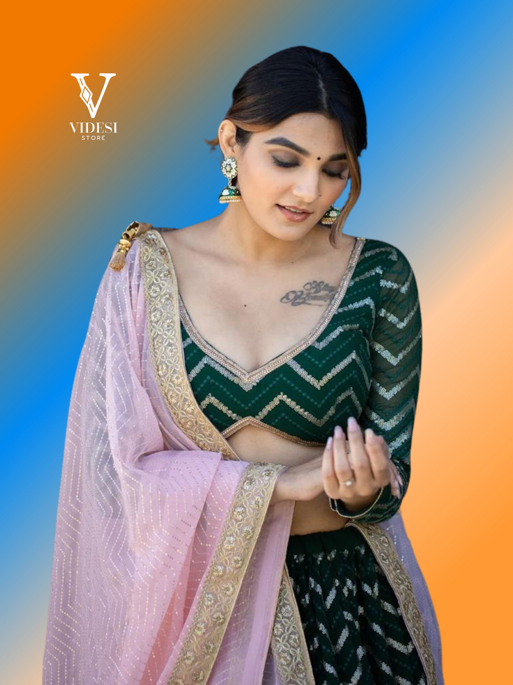 Veena Glamorous Green Embroidered Sequined with Soft Net Dupatta Lehenga
