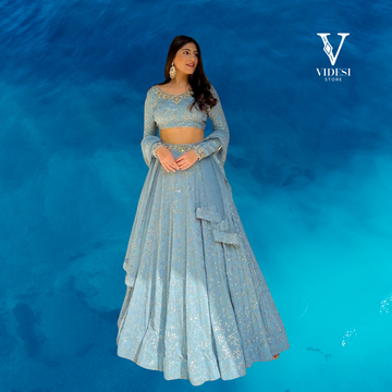 Veena Gloomy Blue Mono Silk Heavy Embroidered Sequined Lehenga