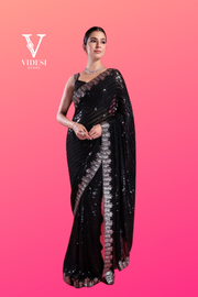 Vera Classic Black Faux Georgette With Sequins Work Saree