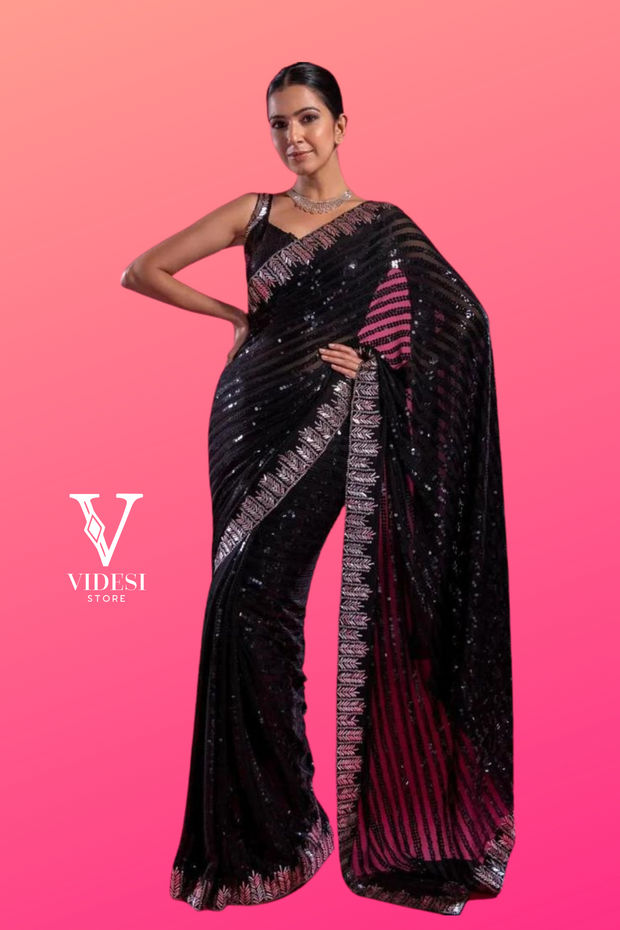 Vera Classic Black Faux Georgette With Sequins Work Saree