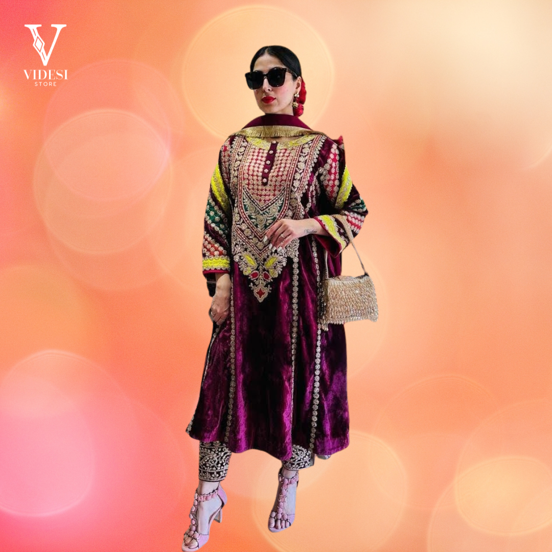 Vida Regal Plum Embroidered Velvet Suit With Faux Georgette Dupatta