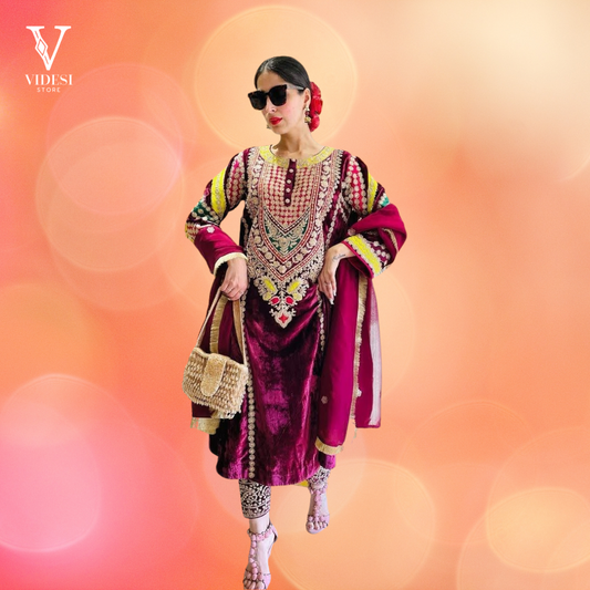 Vida Regal Plum Coding Embroidered Velvet Top and Pent with Faux Georgette Dupatta