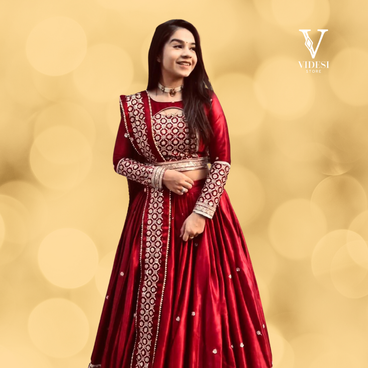 Zara Majestic Red Heavy Georgette with Malay Satin Silk Sequined Lehenga