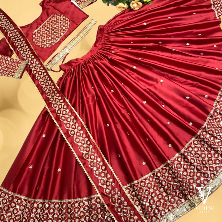 Zara Majestic Red Heavy Georgette with Malay Satin Silk Sequined Lehenga