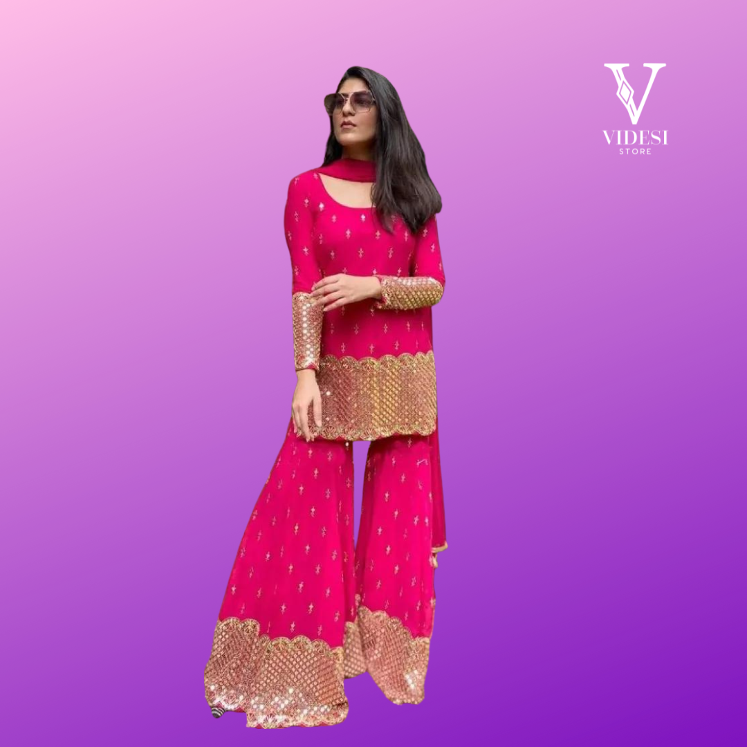Zoya Flush Pink Heavy Embroidered Sequined Faux Georgette Suit